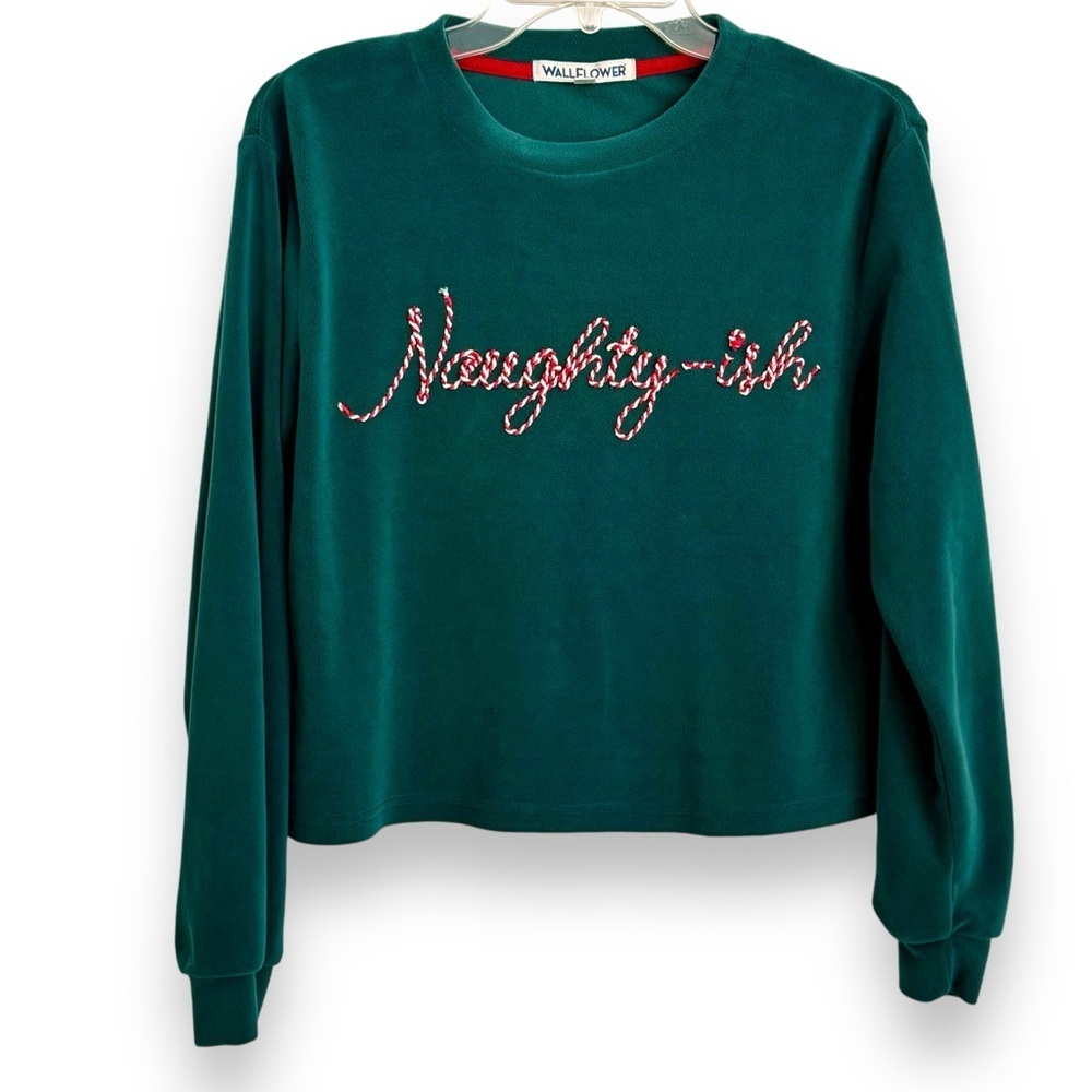Wallflower Green Christmas Naughty-ish Sweatshirt with Candy Cane Letters Size M